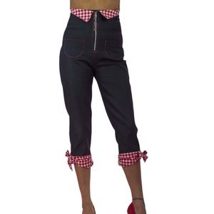 Pinky Pinups High Waisted Retro Red And White Gingham Detail Capri Jeans